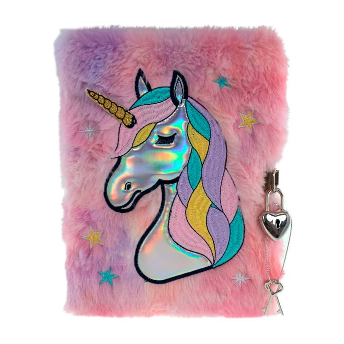 Tinka dagbog med lås, rosa plys m. enhjørning