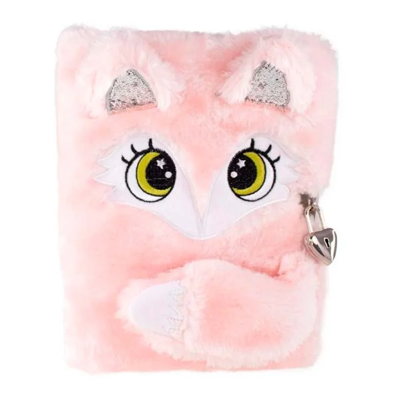 Tinka dagbog med lås, rosa plys m. ræv