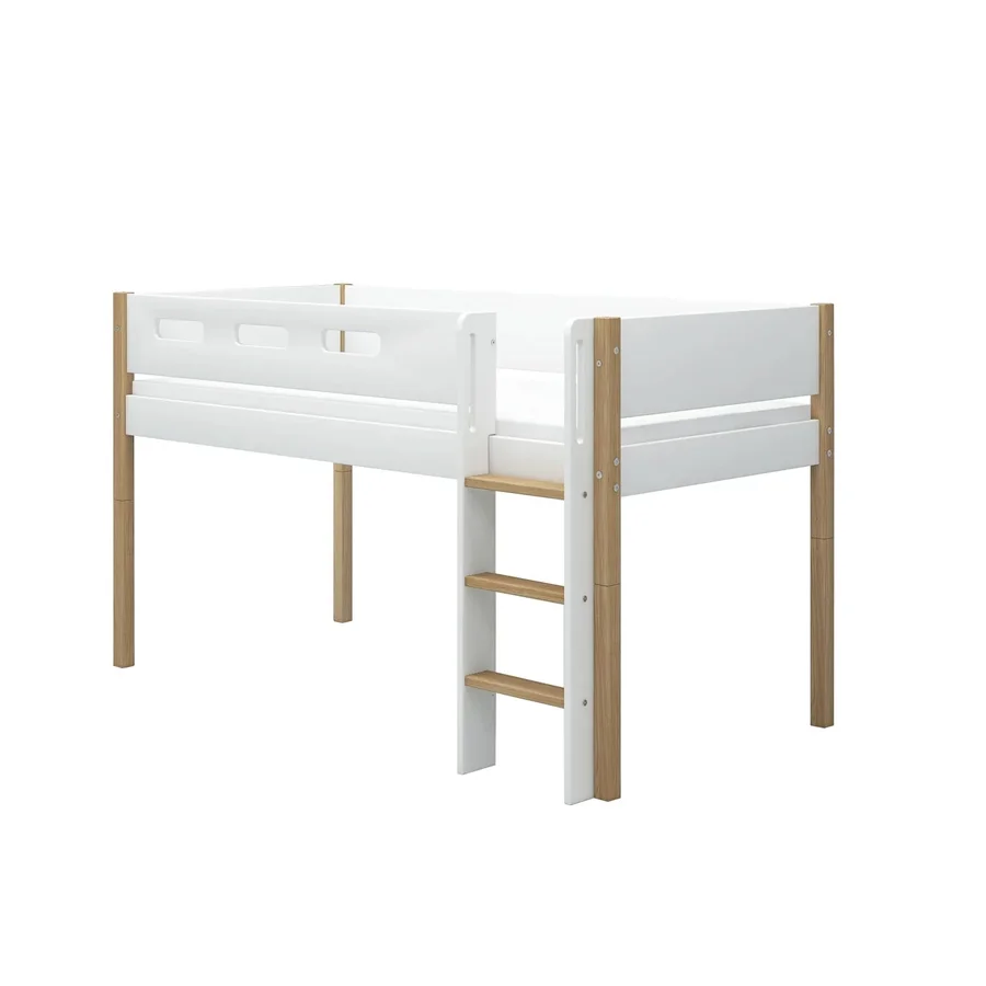 FLEXA Nor Halvhøj seng med lige stige, hvid/eg