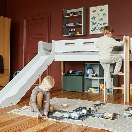 FLEXA Nor Halvhøj seng med lige stige og rutsjebane, hvid/eg