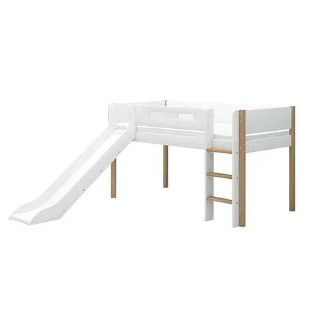 FLEXA Nor Halvhøj seng med lige stige og rutsjebane, hvid/eg