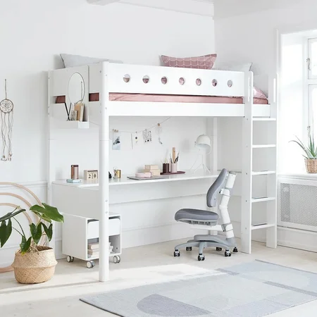 FLEXA Højseng med lige stige og click-on-skrivebord, hvid
