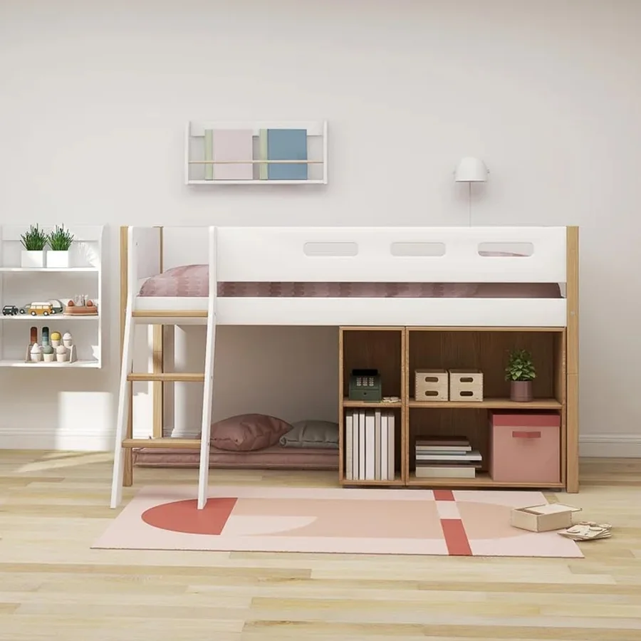 FLEXA Nor Halvhøj seng med skrå stige, hvid/eg