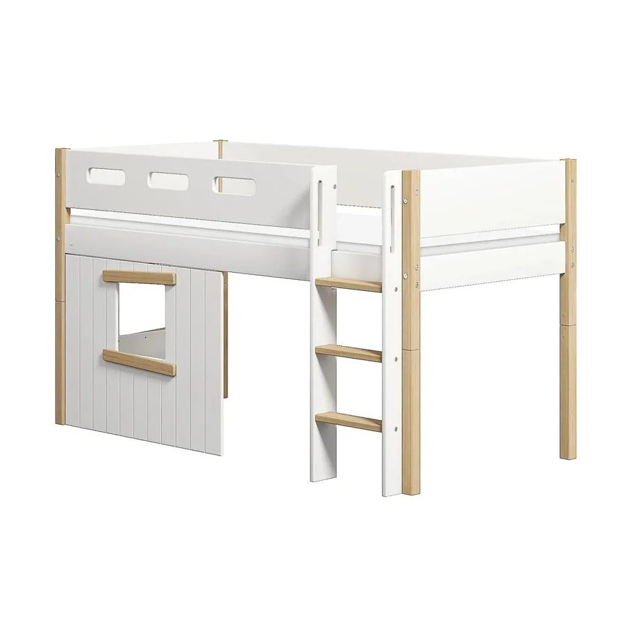 FLEXA Nor Halvhøj seng med lige stige & træhyttesengefronter, egetræsramme