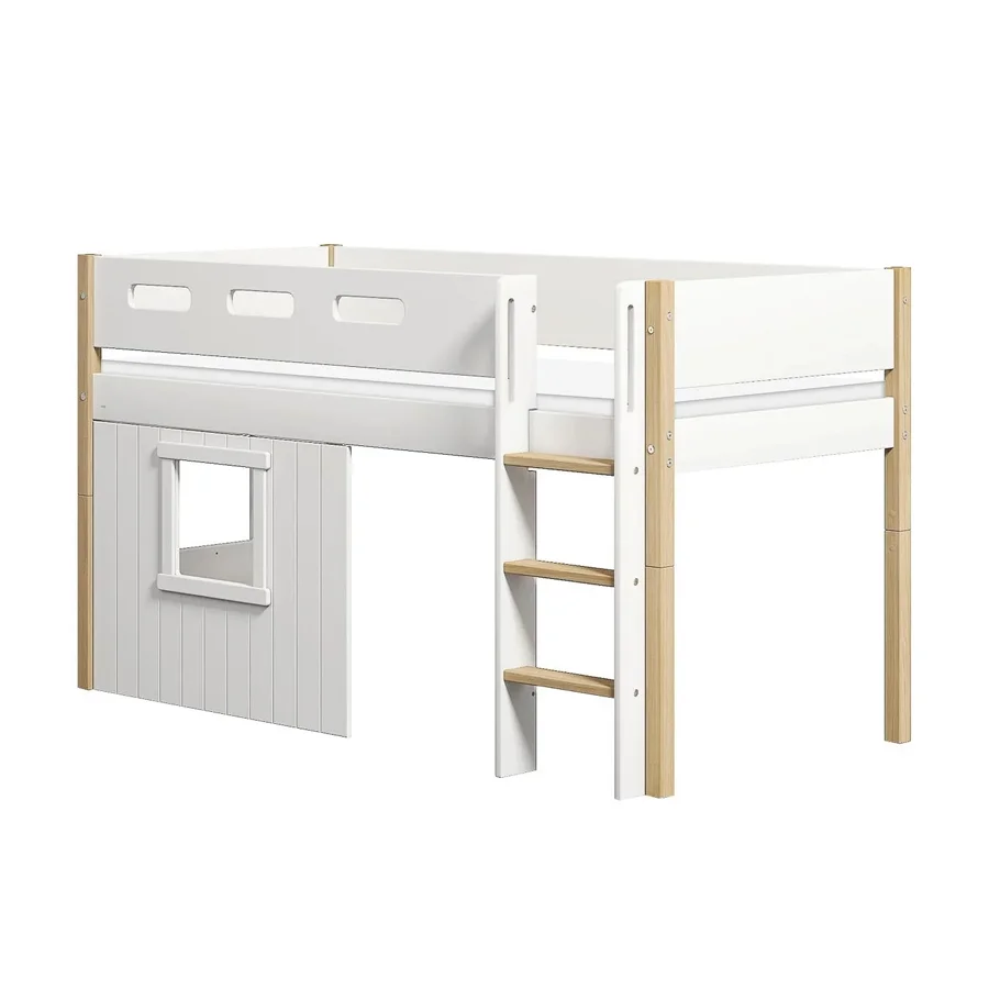 FLEXA Nor Halvhøj seng med lige stige & træhyttesengefronter, hvid ramme