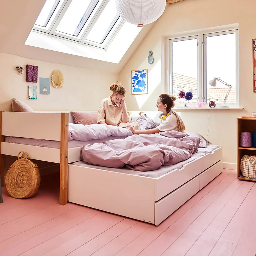 FLEXA Nor Daybed med udtræksseng og to skuffer , hvid/eg