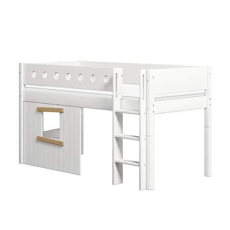 FLEXA Halvhøj seng med lige stige & træhyttesengefronter, egetræsramme