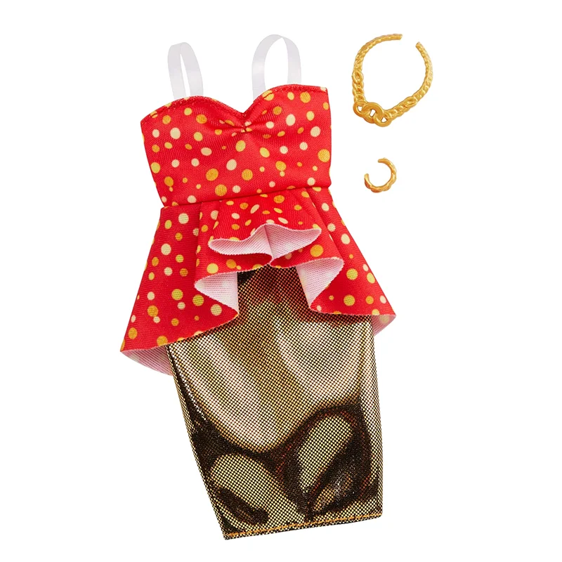 Barbie dukketøj, prikket top og guldnederdel