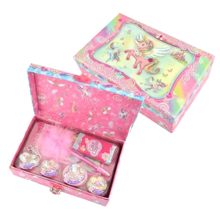 Æske med skriveartikler, enhjørning