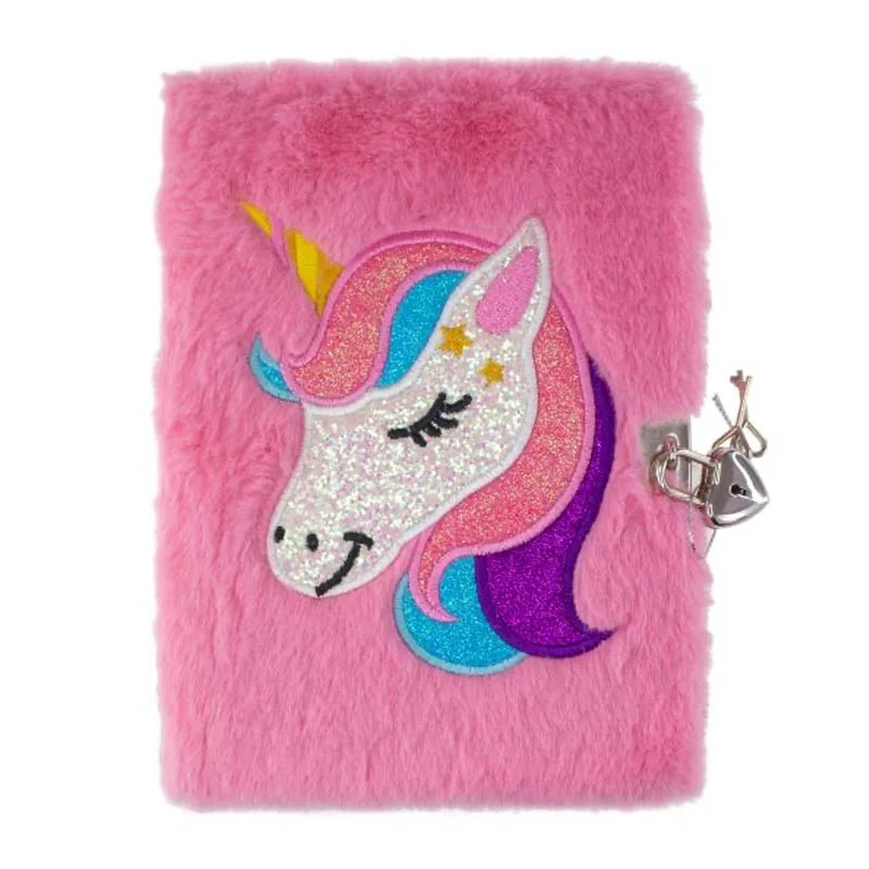 Tinka dagbog med lås, rosa plys m.enhjørningehoved