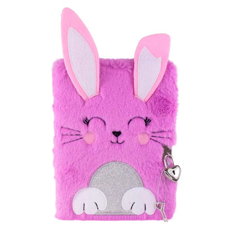 Tinka dagbog med lås, lilla plys m. kanin