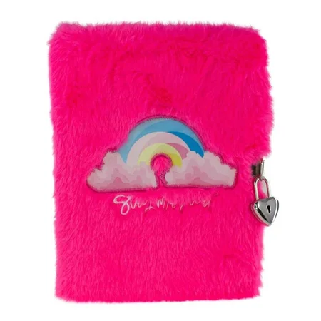 Tinka dagbog med lås, pink plys m.regnbue