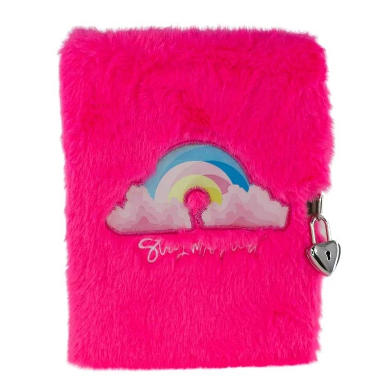 Tinka dagbog med lås, pink plys m.regnbue