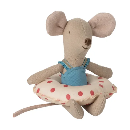 Maileg lillesøster strandmus, badering med røde prikker