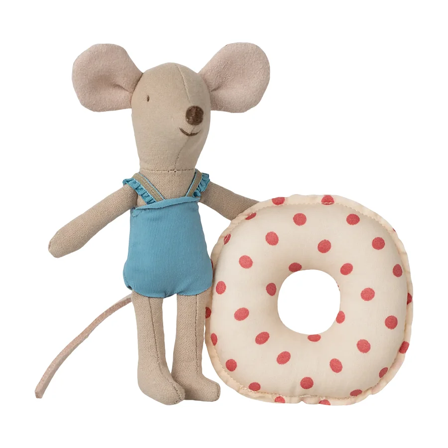 Maileg lillesøster strandmus, badering med røde prikker