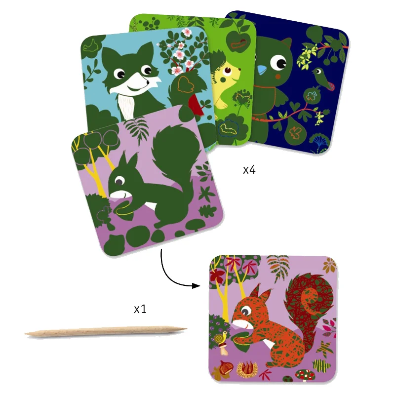 Djeco kreativ leg, scratchkort for de små - skovens dyr