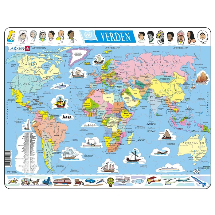 Larsen puslespil, Verdenskort m.transportmidler - 107 brikker