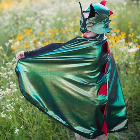Great Pretenders udklædning, dragekappe og maske grøn