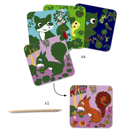 Djeco kreativ leg, scratchkort for de små - skovens dyr