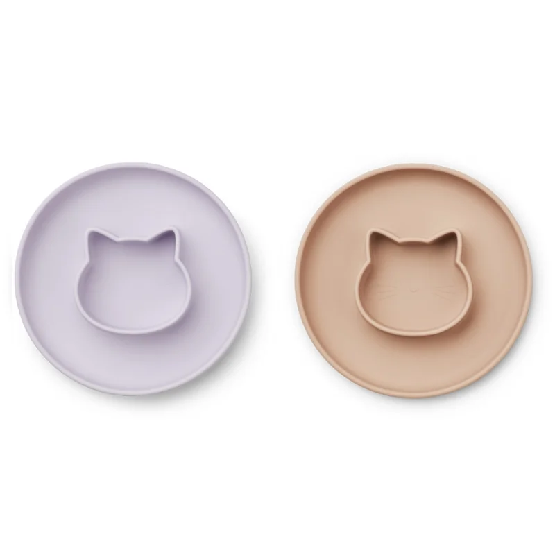Liewood 2-pak siliconetallerkner, Cat light lavender/rose