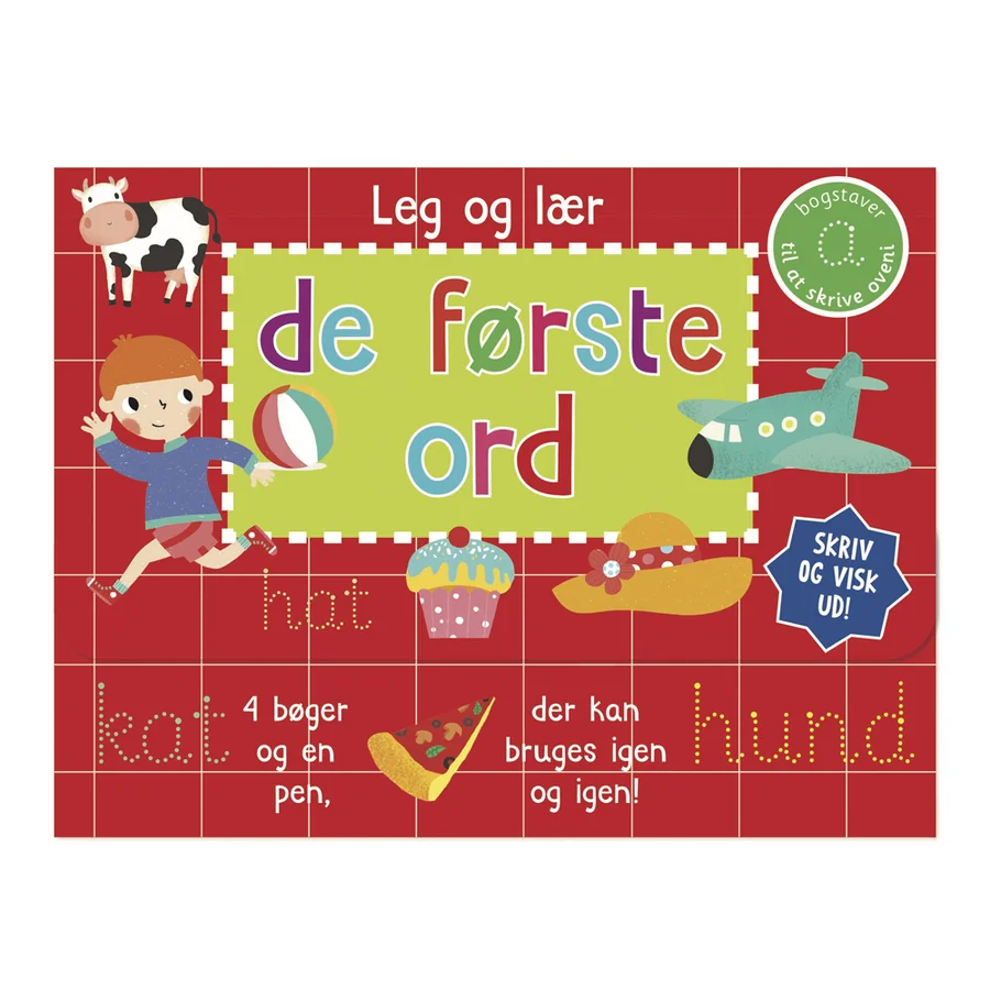Skriv og visk ud - De første ord - kuffert med 4 bøger og pen