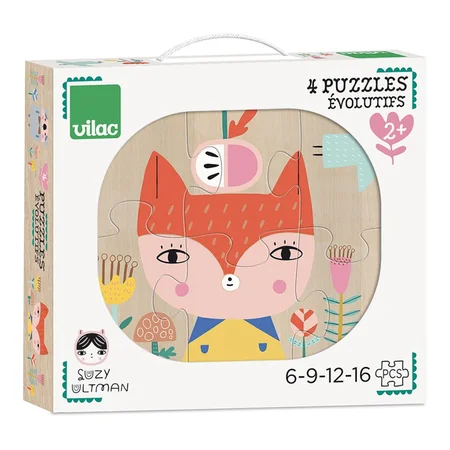 Vilac træpuslespil, 4 stk med 6-9-12-16 brikker