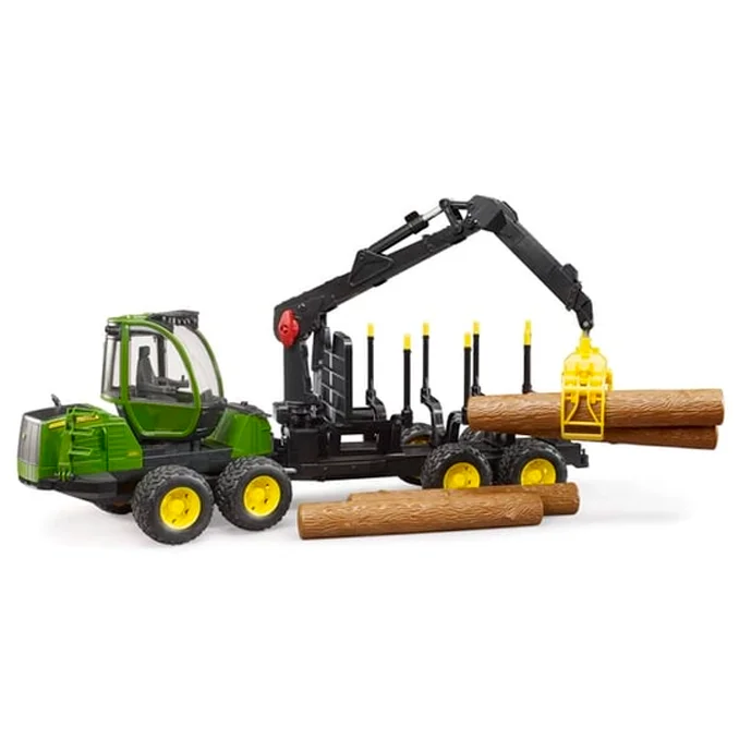 Bruder John Deere skovrydningsmaskine 1210E med kran, vogn og træstammer
