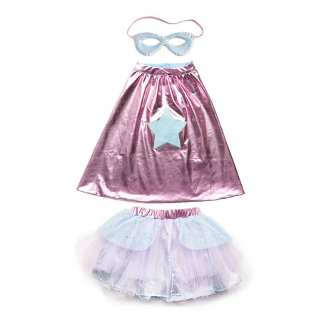 Great Pretenders Super-duper skørt, kappe & maske, Metallic Pink/Light Blue str 4-6 år