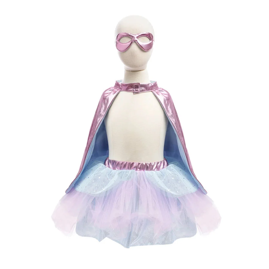 Great Pretenders Super-duper skørt, kappe & maske, Metallic Pink/Light Blue str 4-6 år