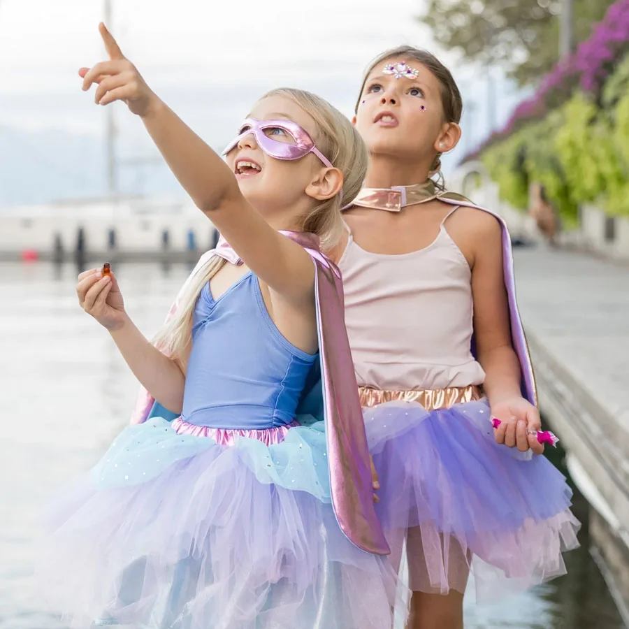 Great Pretenders Super-duper skørt, kappe & maske, Metallic Pink/Light Blue str 4-6 år