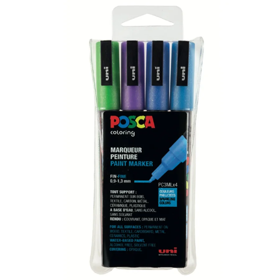 Posca marker PC-3M, 4-pak glitter kolde farver