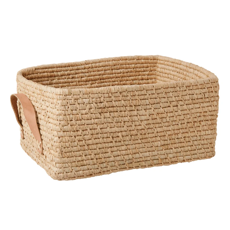 Rice aflang kurv m. læder hanke, natur