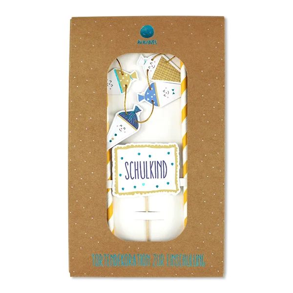  Cake Topper Schulkind mit Schultüten in weiss/blau/senf 