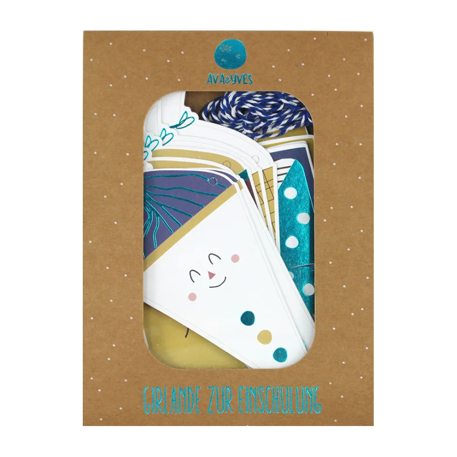 Girlande zur Einschulung, Schultüten und Schulranzen, weiss/gelb/blau