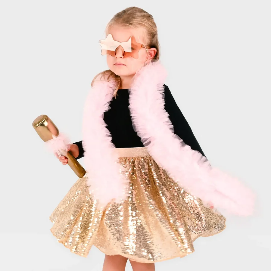 Den Goda Fen Kostüm - Disco-Set Gold mit Tutu-Strassrock und Accessoires