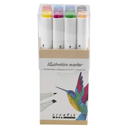 Illustrations-Marker, 12 stk Standardfarben, Strich 1+8 mm