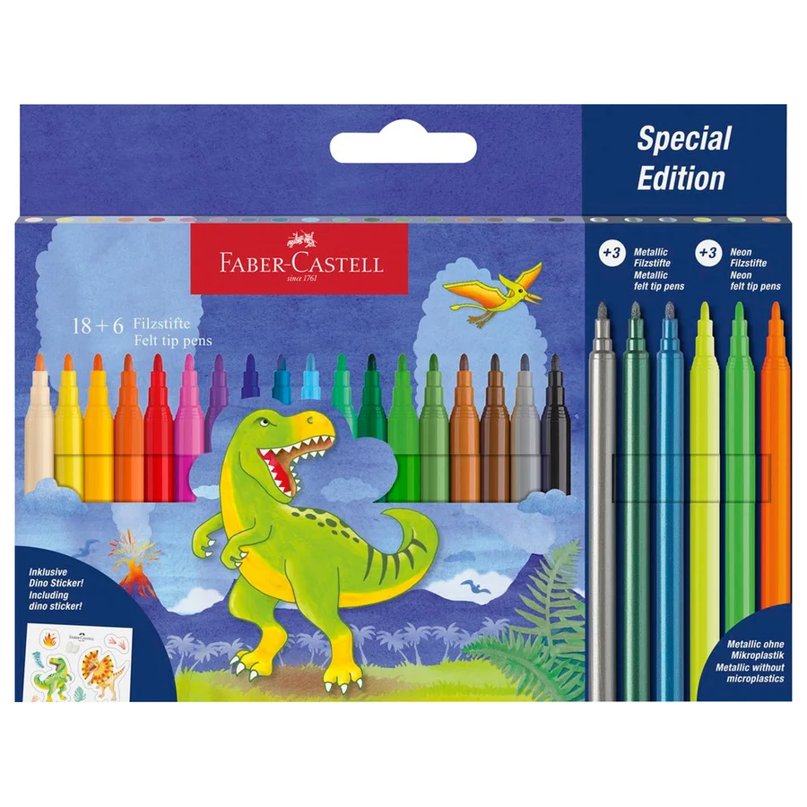 Faber-Castell Buntstifte 18 + 3 Metallic + 3 Neon + Stickers, Dinosaurier