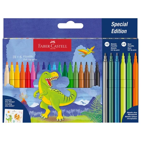 Faber-Castell Buntstifte 18 + 3 Metallic + 3 Neon + Stickers, Dinosaurier