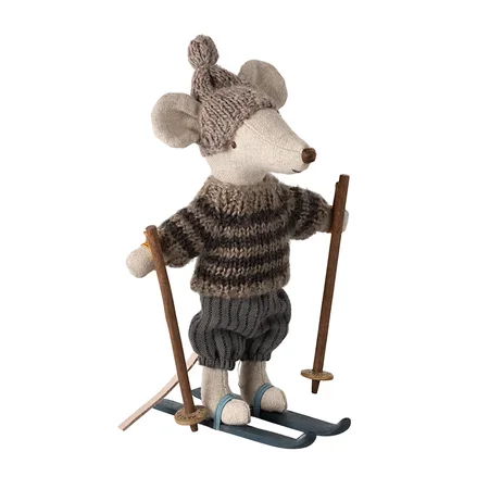 Maileg Wintermaus mit Skiern, großer Bruder - grau